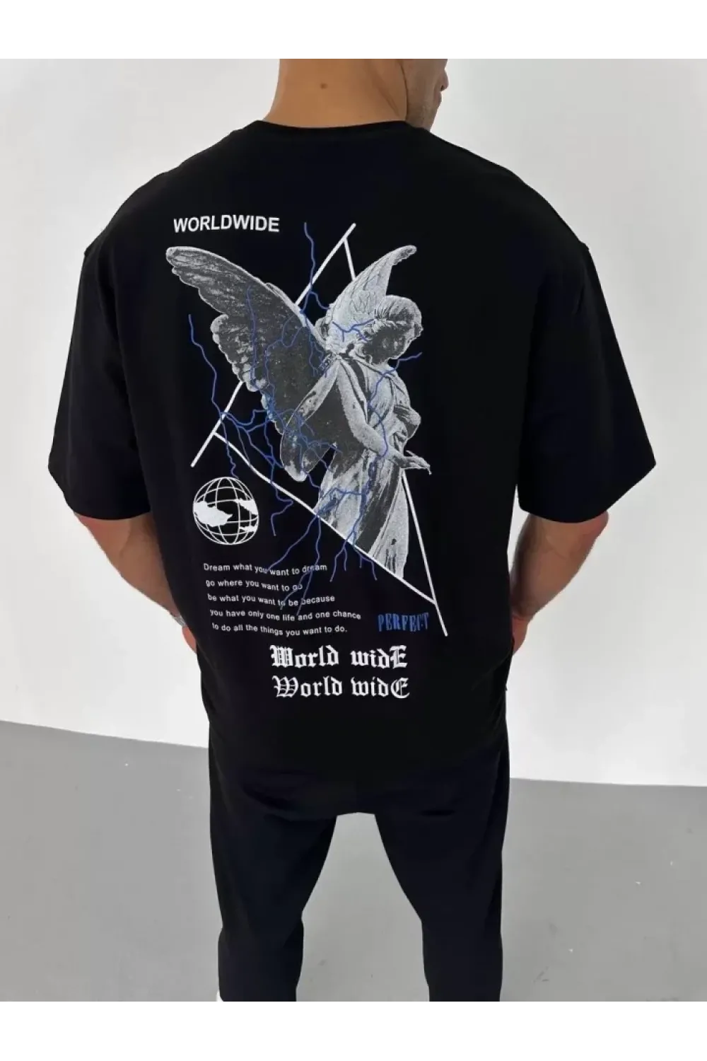 Unisex Bisiklet Yaka Baskılı Oversize T-Shirt - Siyah