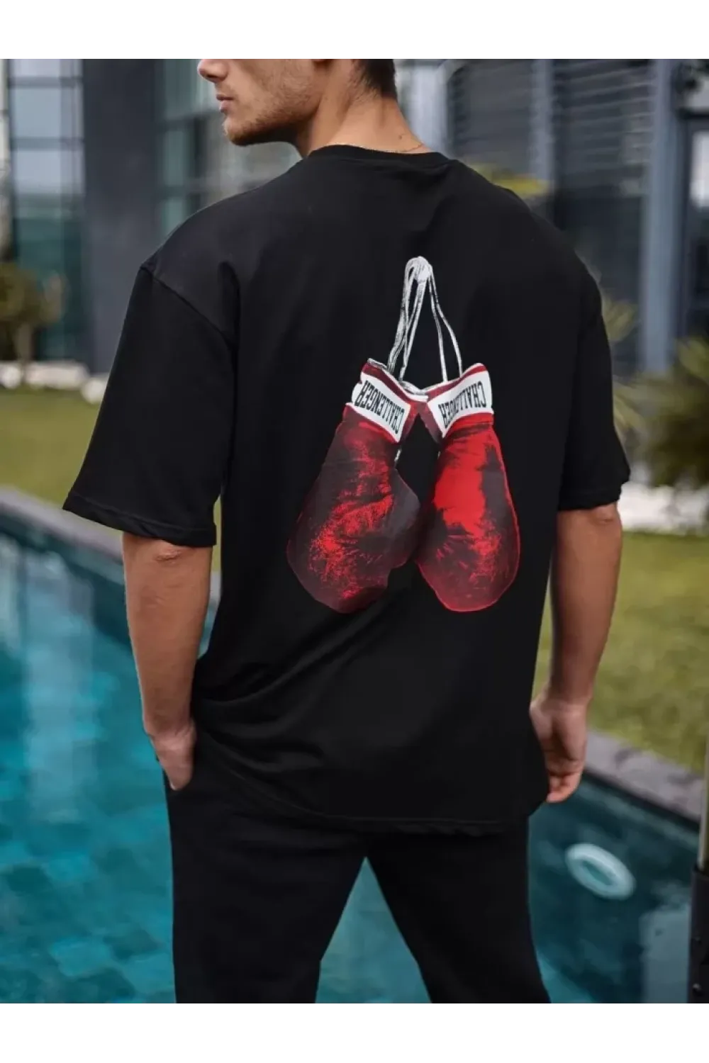 Unisex Bisiklet Yaka Baskılı Oversize T-Shirt - Siyah