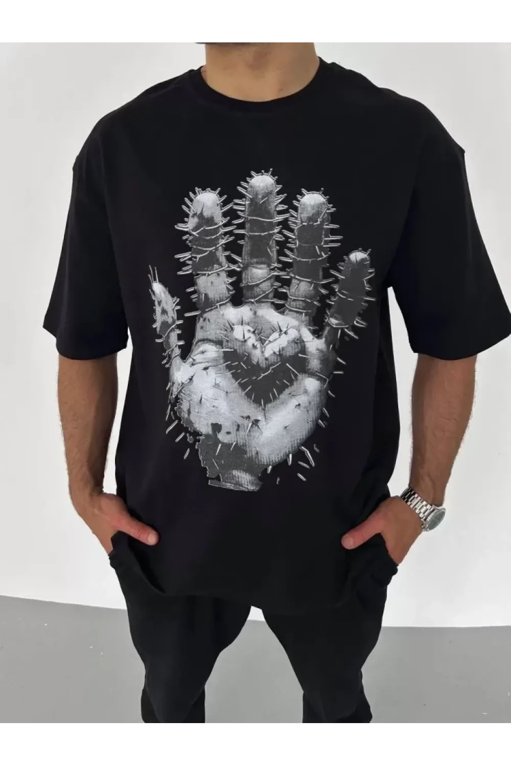 Unisex Bisiklet Yaka Baskılı Oversize T-Shirt - Siyah