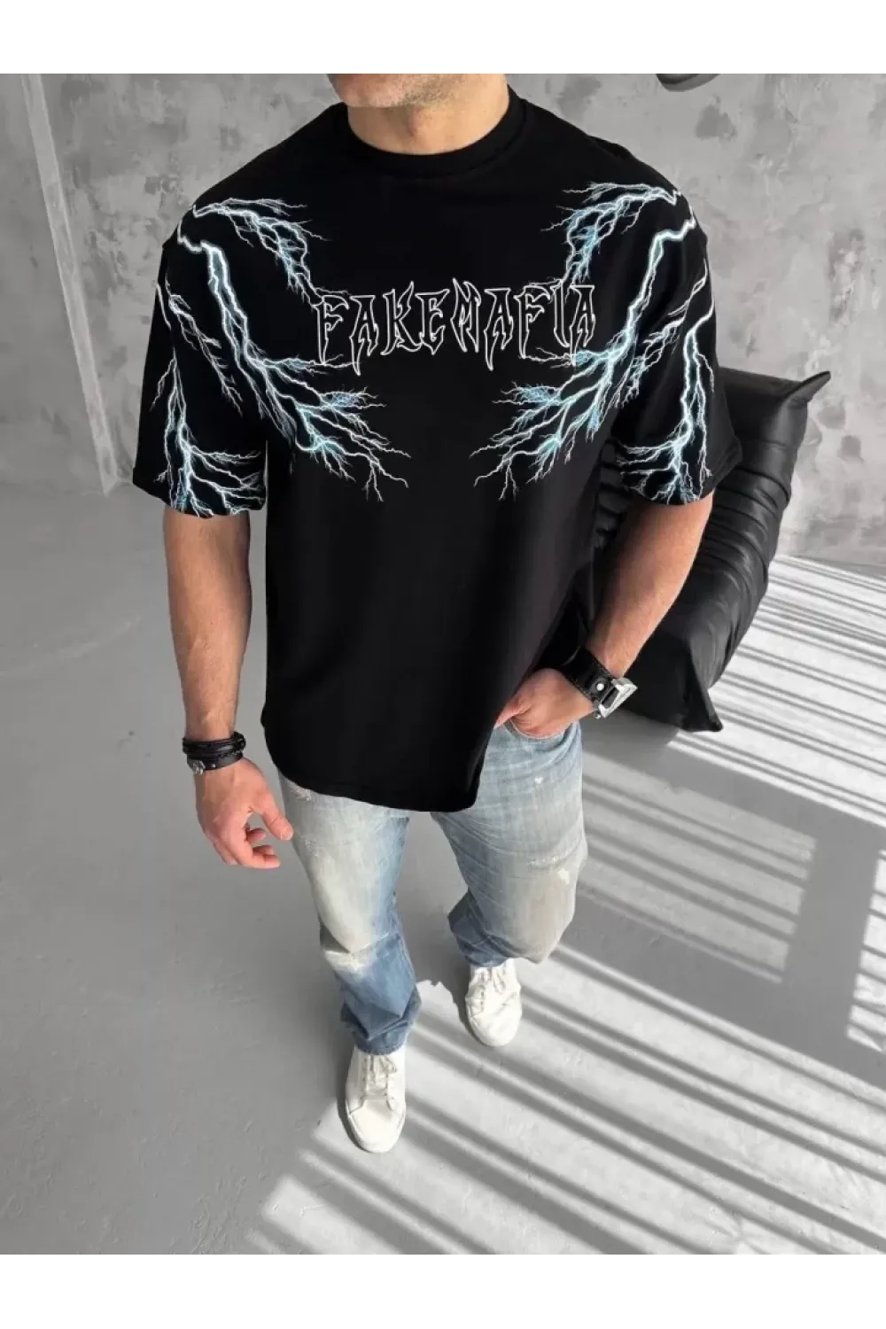 Unisex Bisiklet Yaka Baskılı Oversize T-Shirt - Siyah