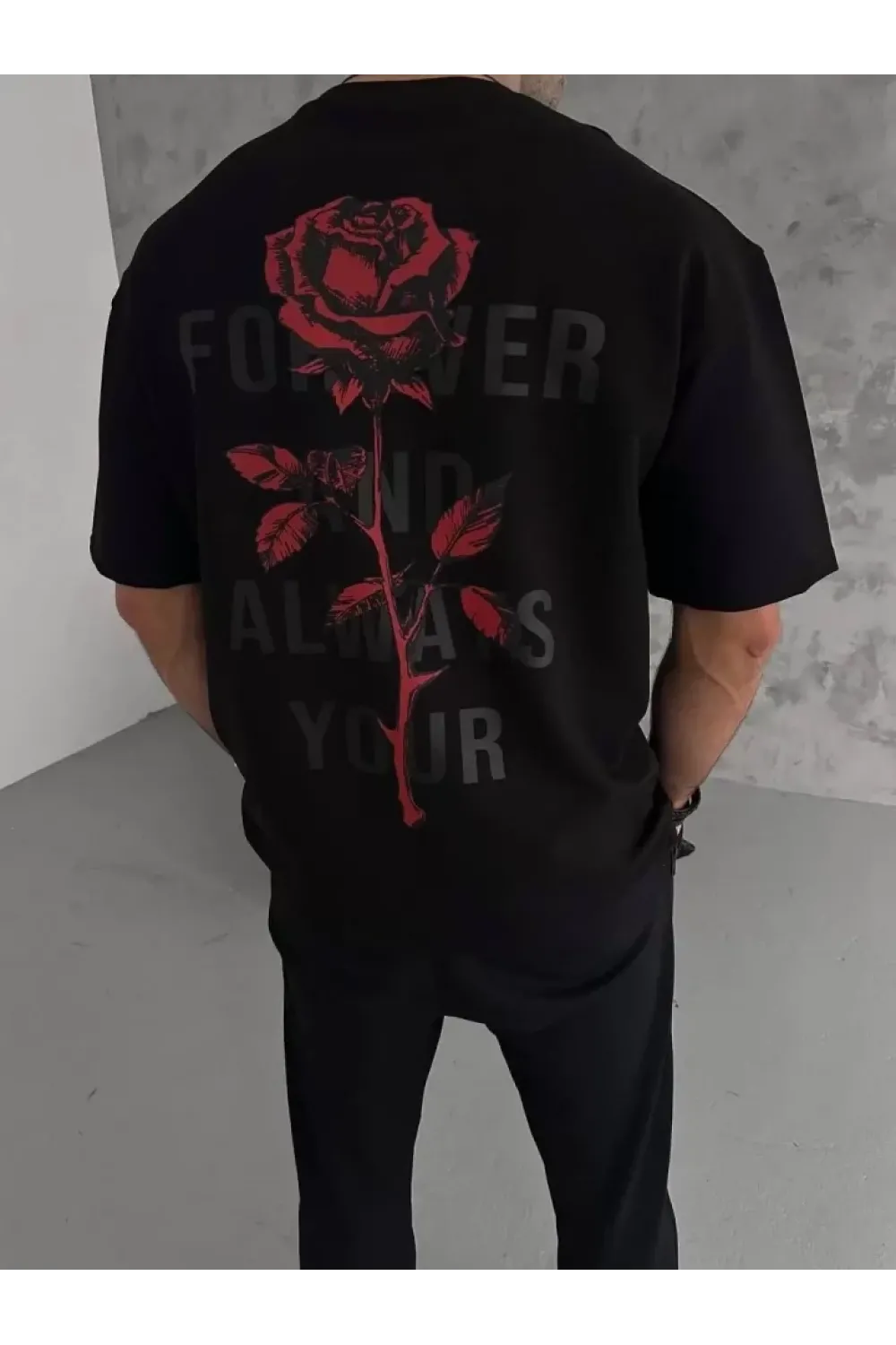 Unisex Bisiklet Yaka Baskılı Oversize T-Shirt - Siyah