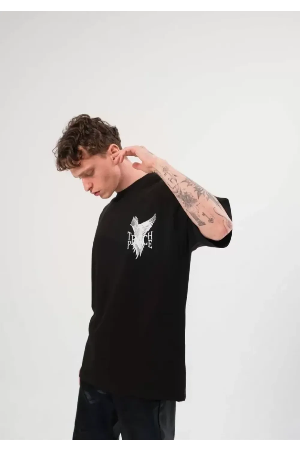 Unisex Bisiklet Yaka Baskılı Oversize T-Shirt - Siyah