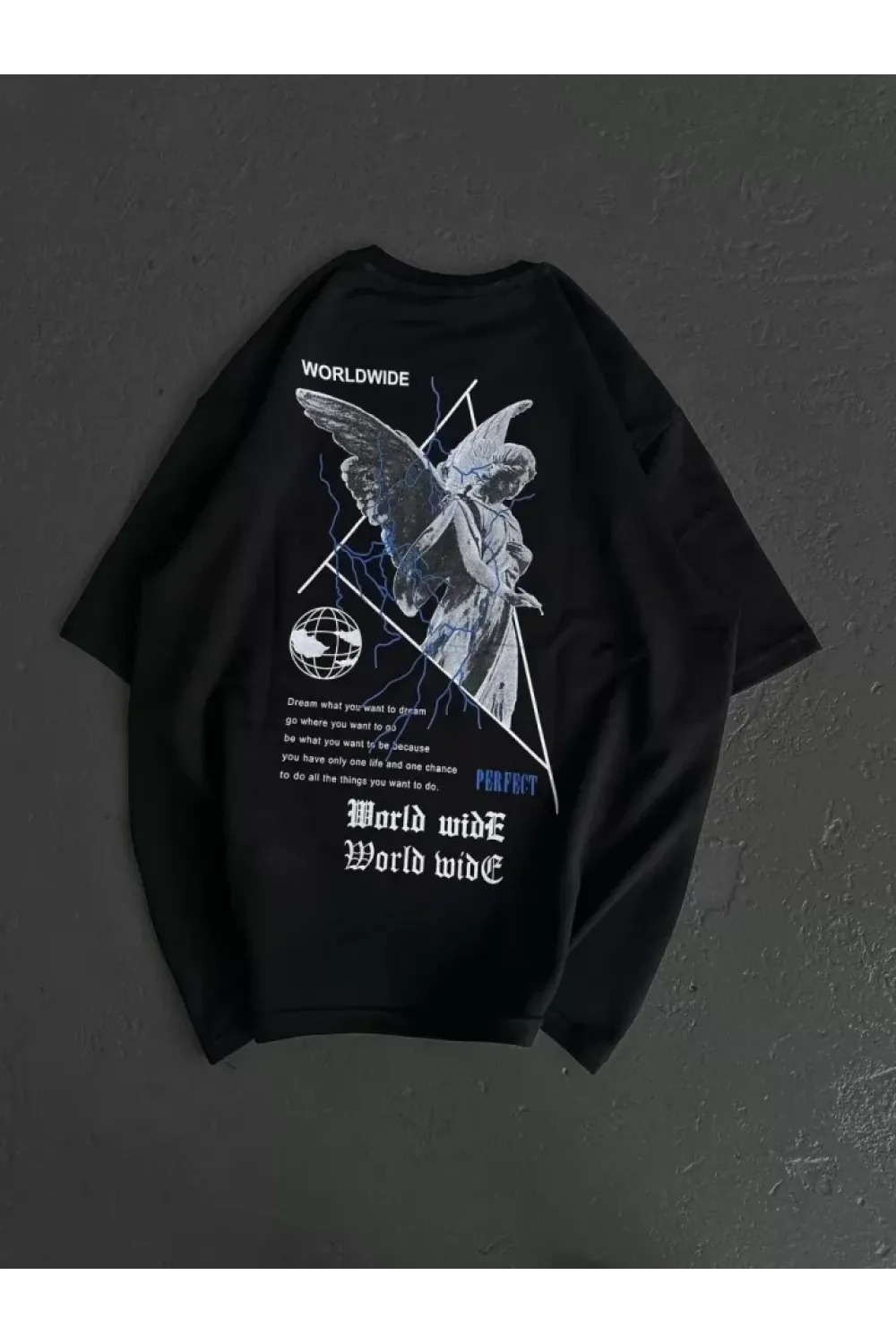Unisex Bisiklet Yaka Baskılı Oversize T-Shirt - Siyah