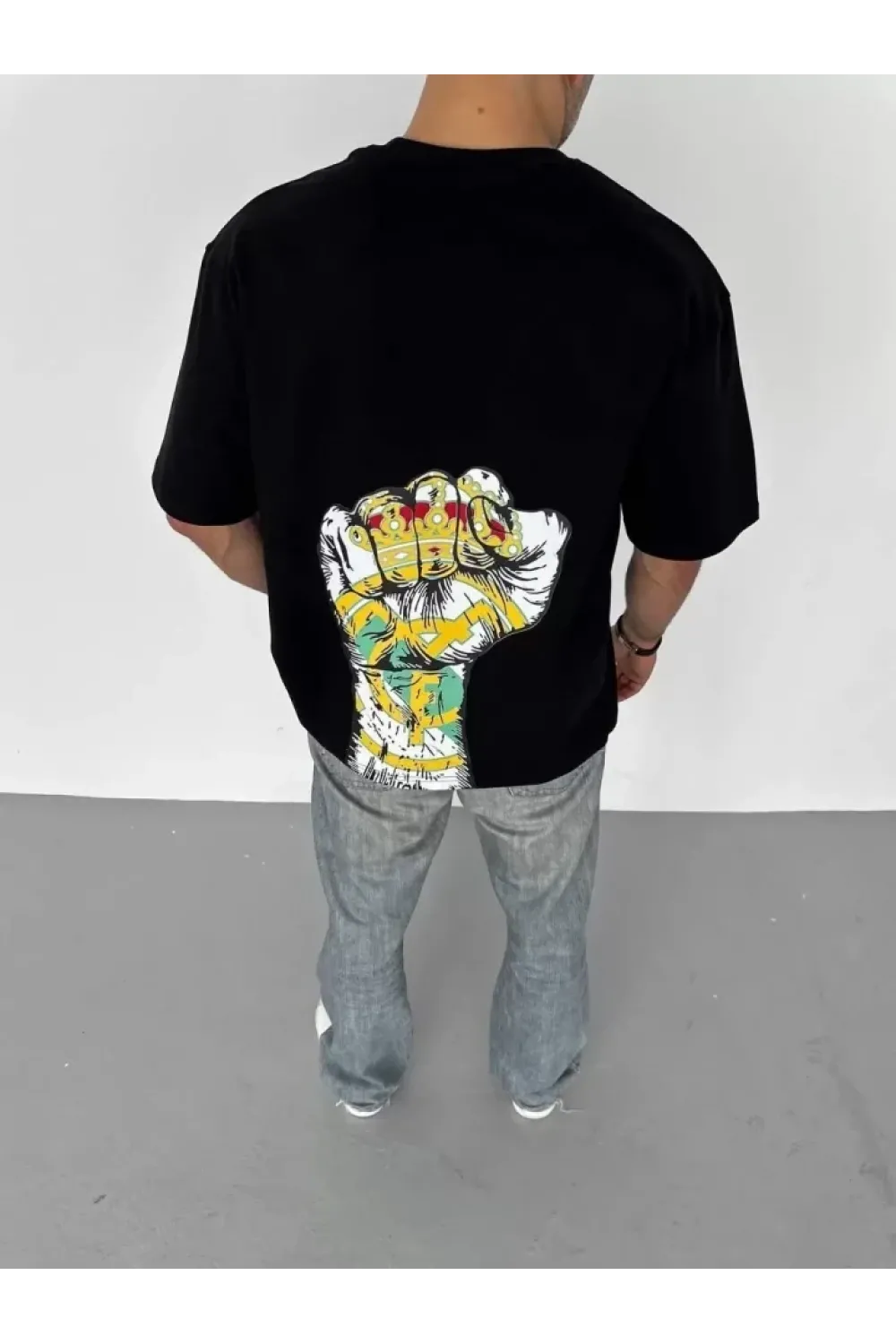 Unisex Bisiklet Yaka Baskılı Oversize T-Shirt - Siyah