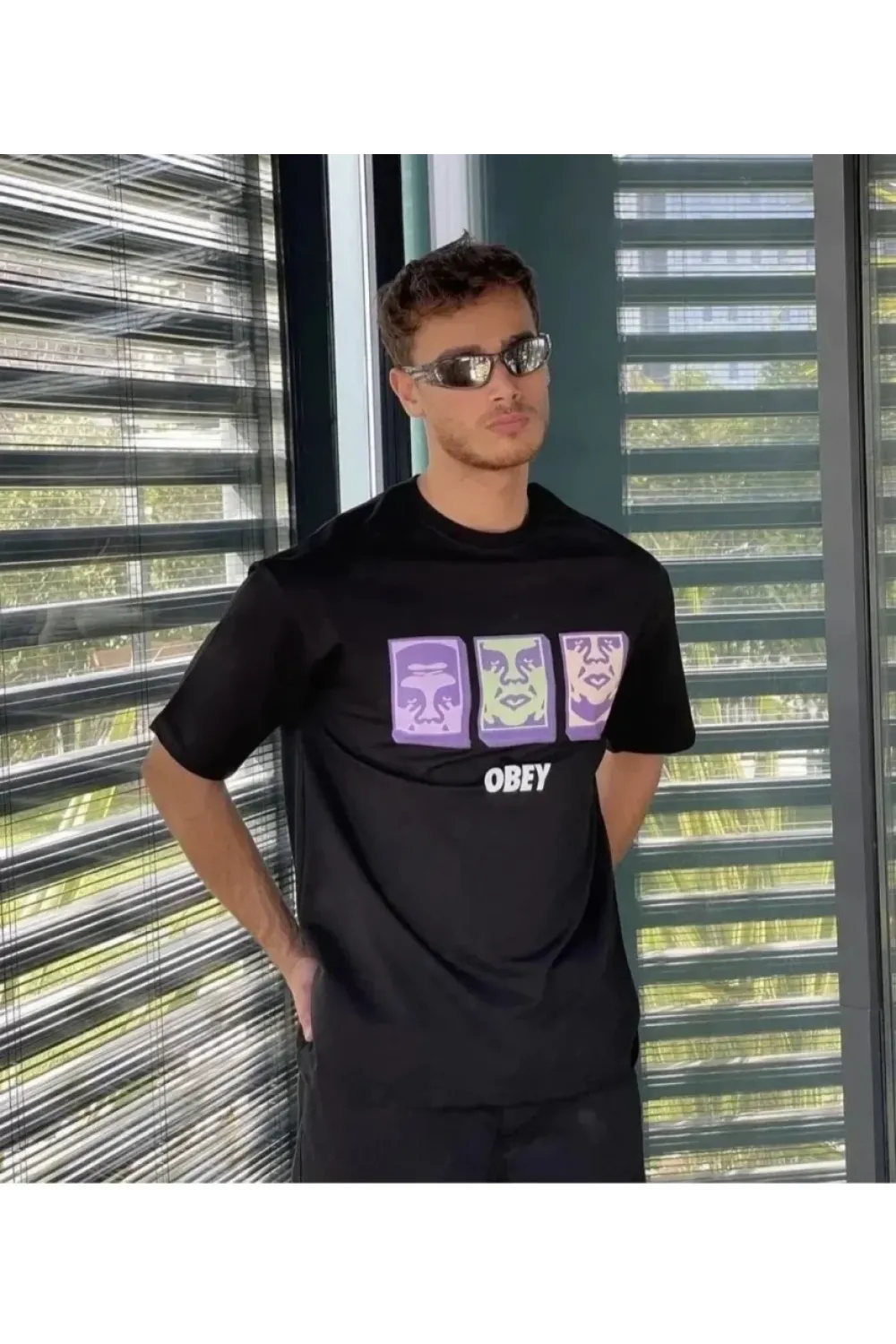 Unisex Bisiklet Yaka Baskılı Oversize T-Shirt - Siyah