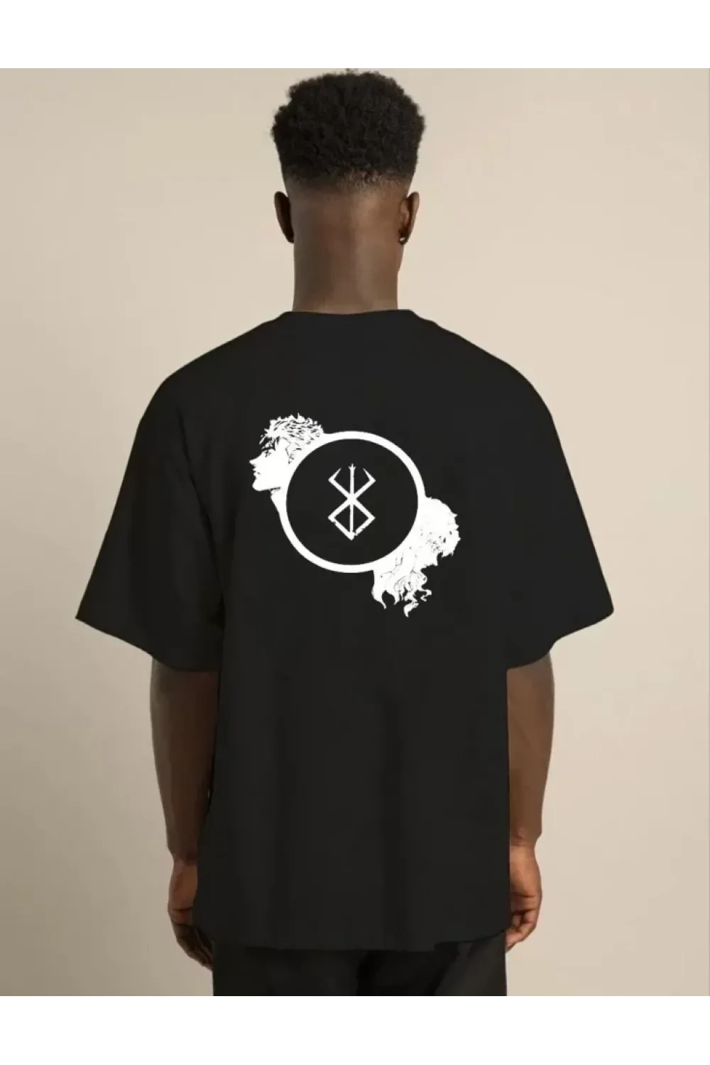 Unisex Bisiklet Yaka Baskılı Oversize T-Shirt - Siyah