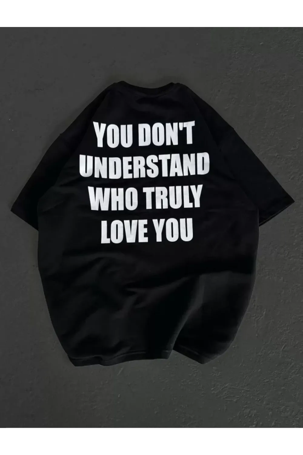 Unisex Bisiklet Yaka Baskılı Oversize T-Shirt - Siyah