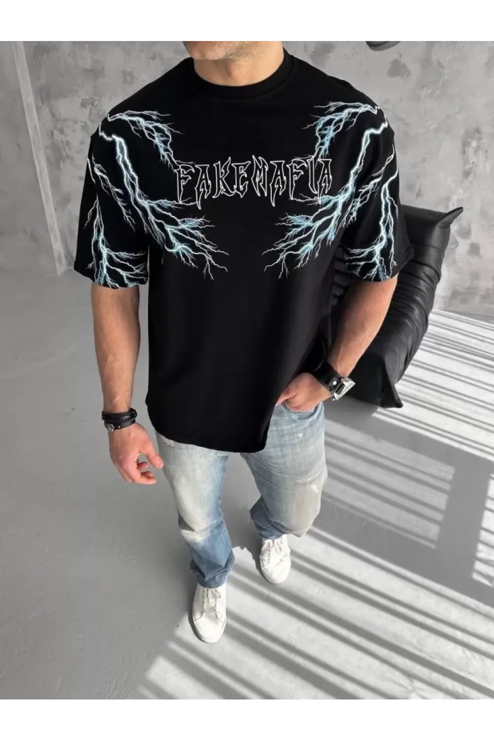 Unisex Bisiklet Yaka Baskılı Oversize T-Shirt-Siyah
