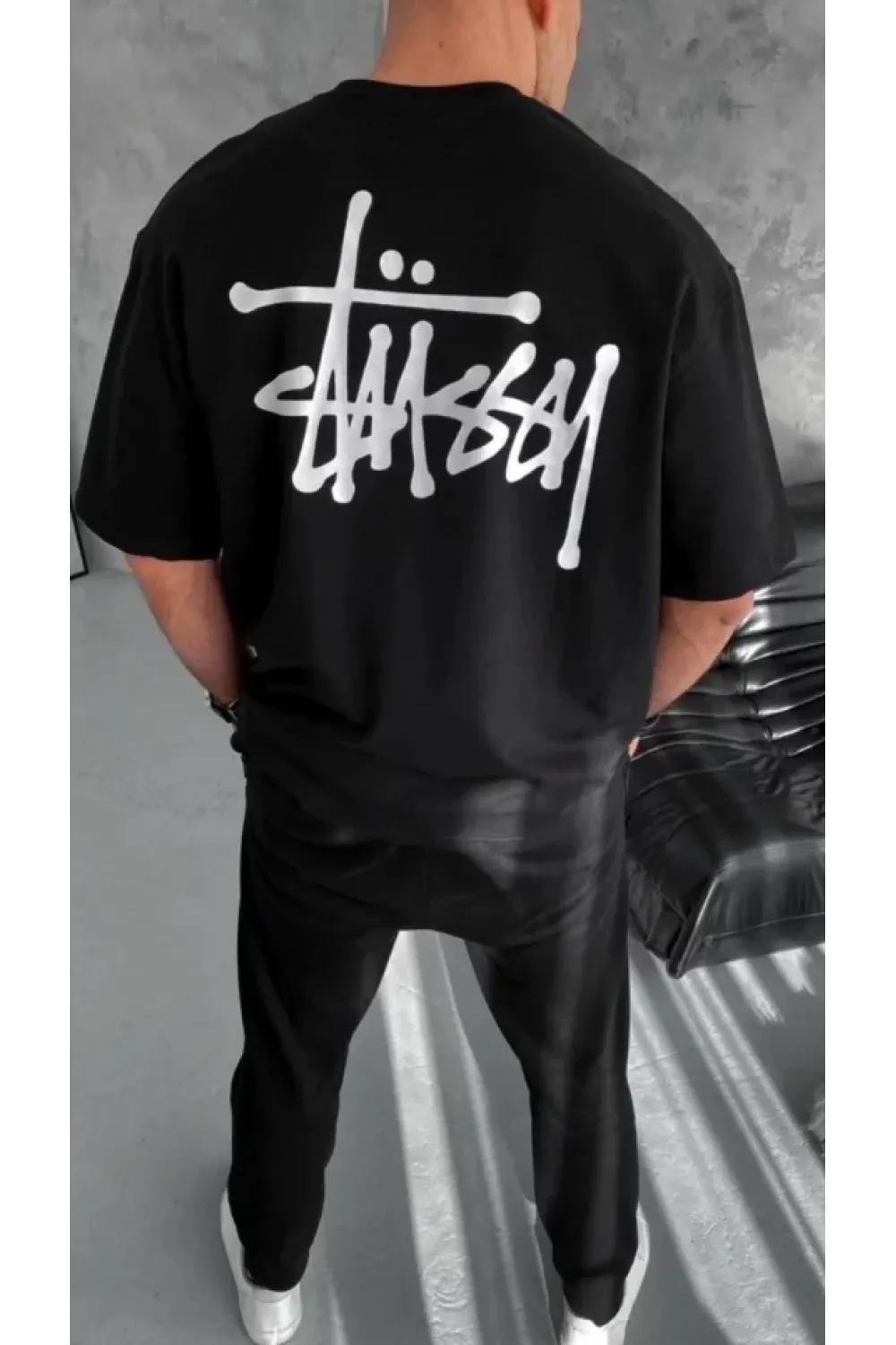 Unisex Bisiklet Yaka Baskılı Oversize T-Shirt - Siyah