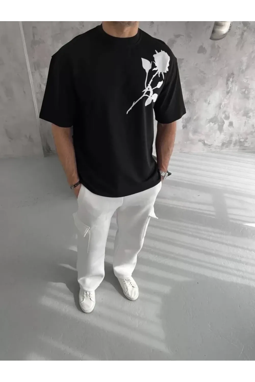 Unisex Bisiklet Yaka Baskılı Oversize T-Shirt - Siyah