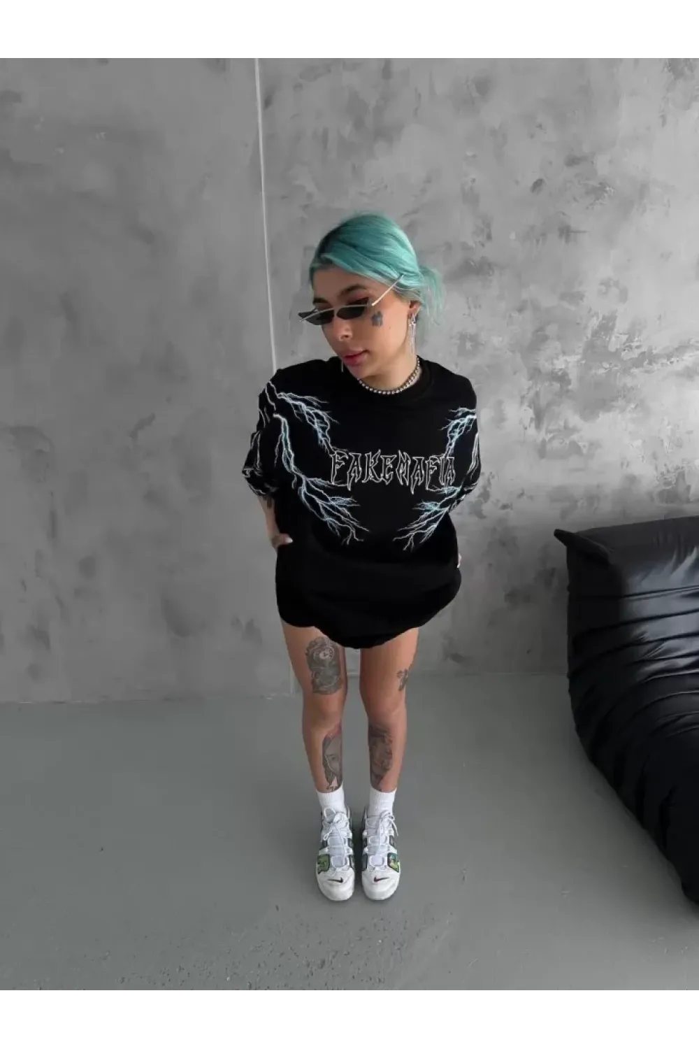Unisex Bisiklet Yaka Baskılı Oversize T-Shirt - Siyah