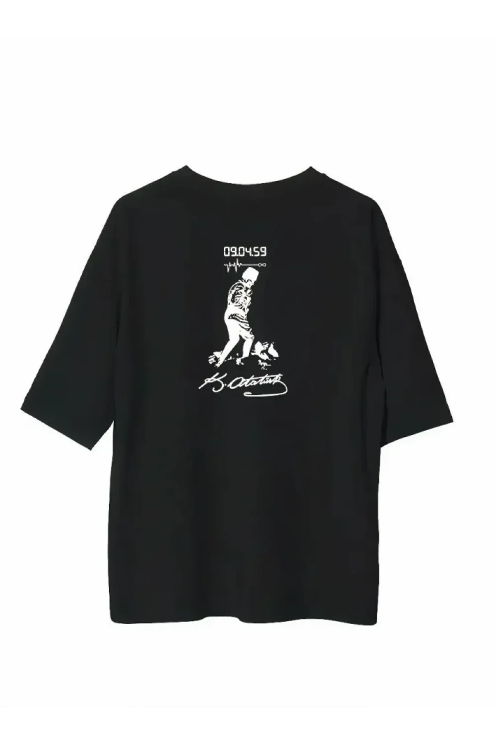 Unisex Bisiklet Yaka Baskılı Oversize T-Shirt - Siyah