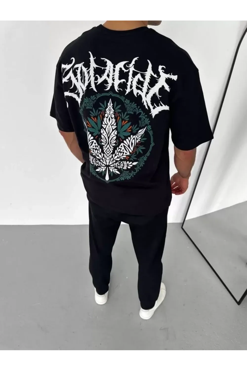 Unisex Bisiklet Yaka Baskılı Oversize T-Shirt - Siyah