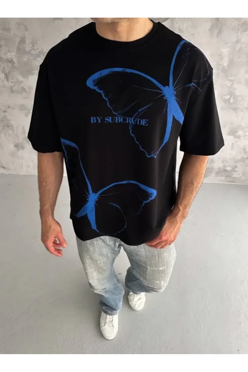 Unisex Bisiklet Yaka Baskılı Oversize T-Shirt - Siyah