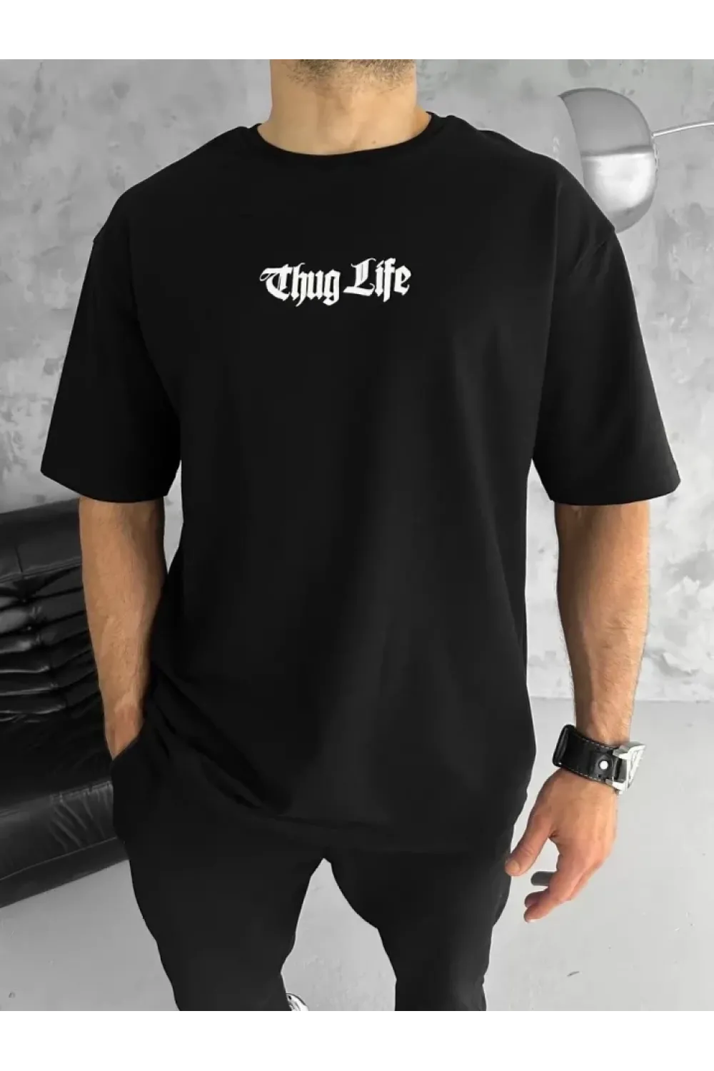 Unisex Bisiklet Yaka Baskılı Oversize T-Shirt - Siyah