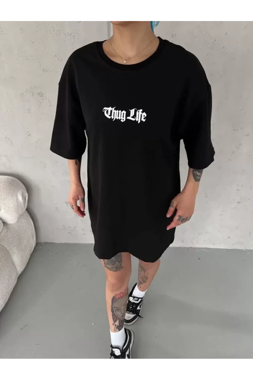 Unisex Bisiklet Yaka Baskılı Oversize T-Shirt - Siyah