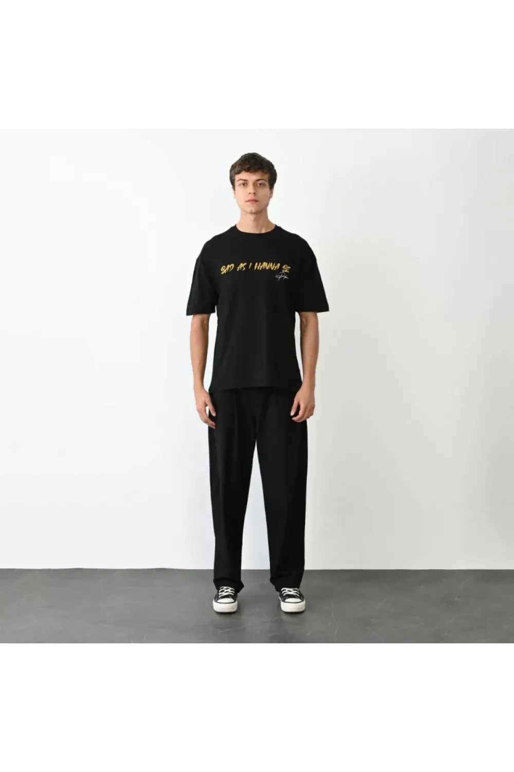 Unisex Bisiklet Yaka Baskılı Oversize T-Shirt - Siyah