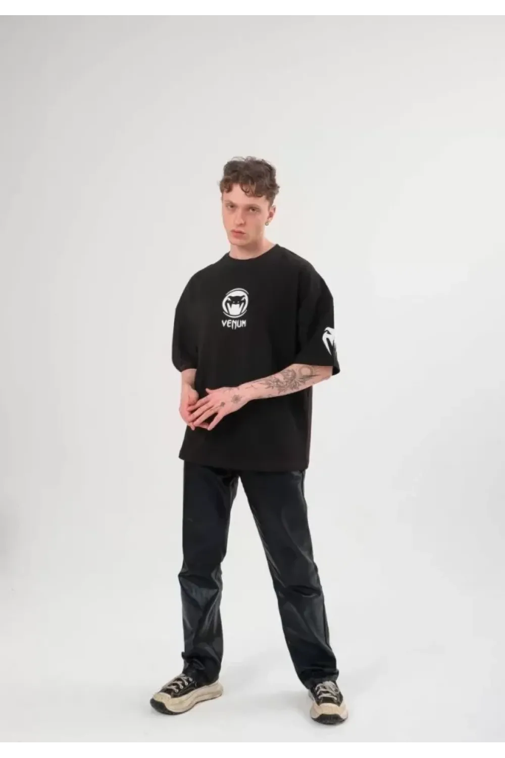 Unisex Bisiklet Yaka Baskılı Oversize T-Shirt - Siyah