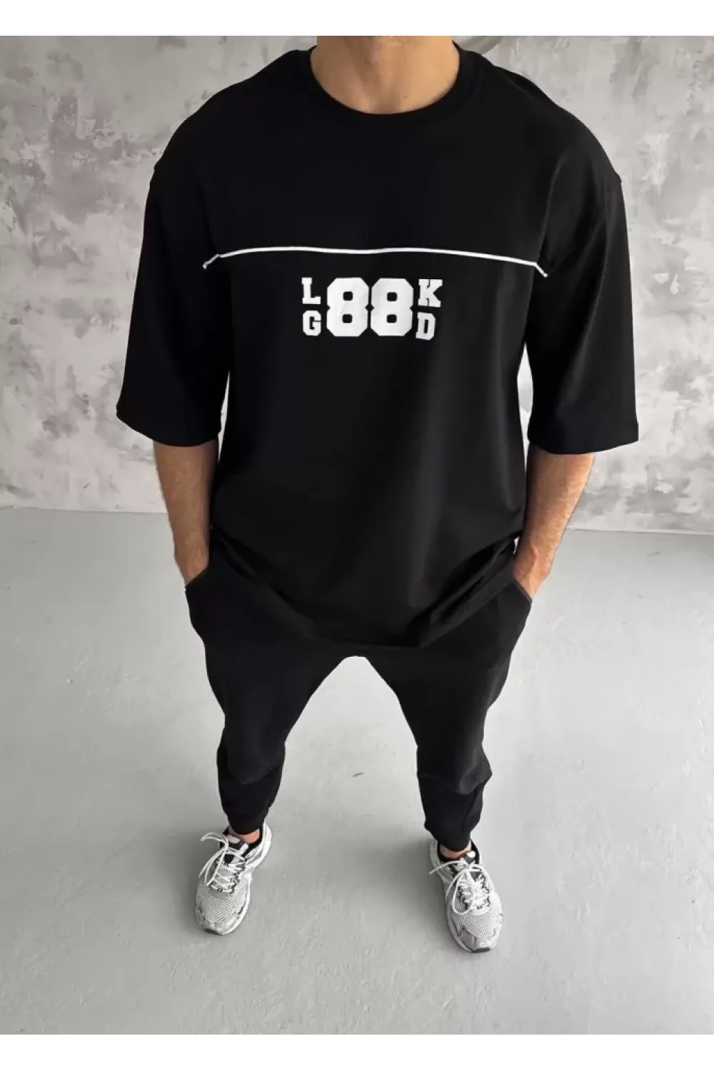 Unisex Bisiklet Yaka Baskılı Oversize T-Shirt - Siyah