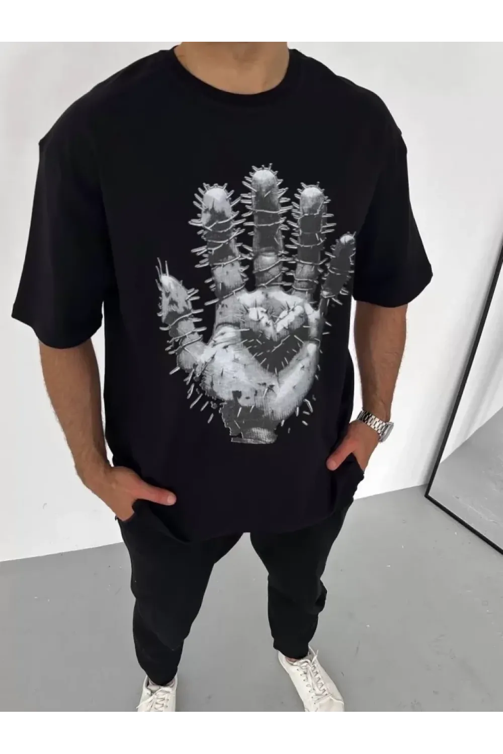 Unisex Bisiklet Yaka Baskılı Oversize T-Shirt - Siyah