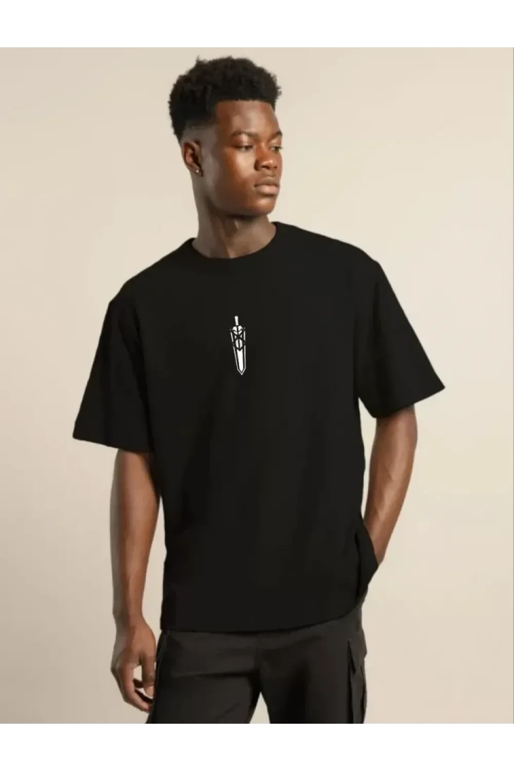 Unisex Bisiklet Yaka Baskılı Oversize T-Shirt - Siyah