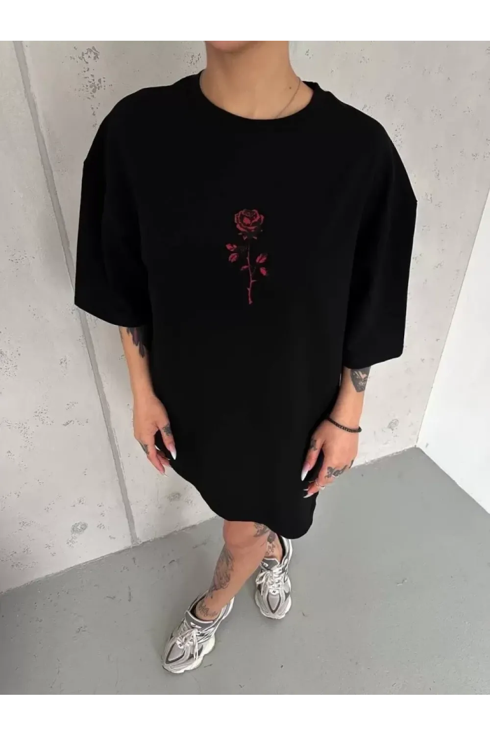 Unisex Bisiklet Yaka Baskılı Oversize T-Shirt - Siyah