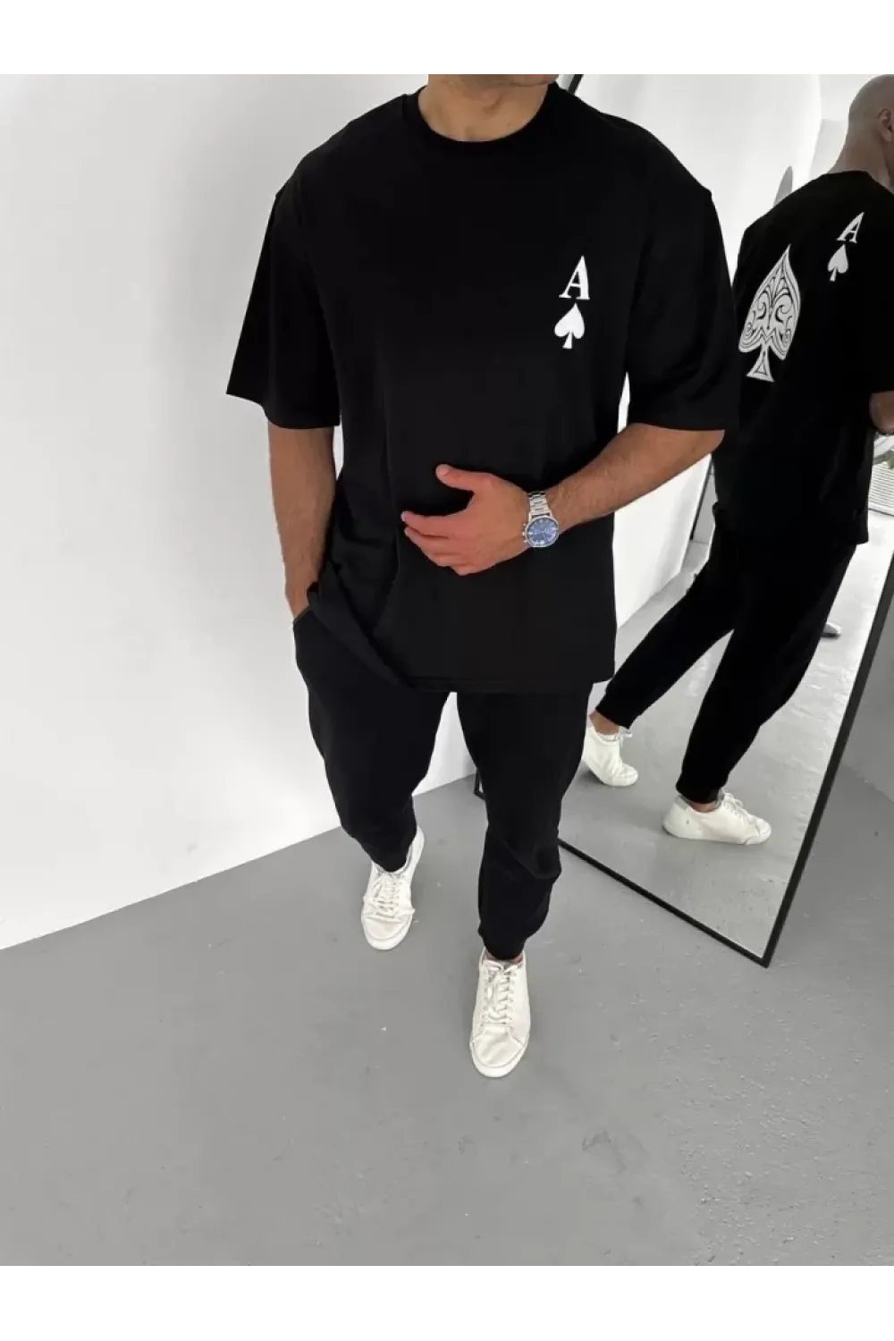 Unisex Bisiklet Yaka Baskılı Oversize T-Shirt - Siyah