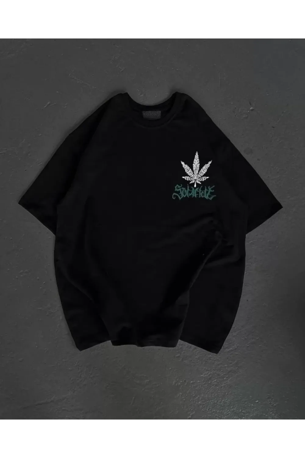 Unisex Bisiklet Yaka Baskılı Oversize T-Shirt - Siyah