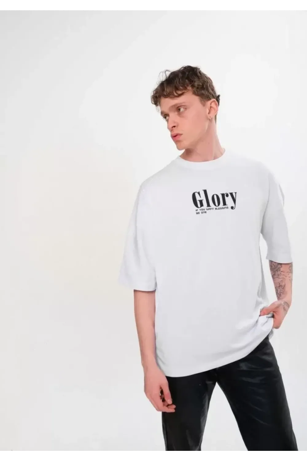 Unisex Bisiklet Yaka Baskılı Oversize T-Shirt - Siyah