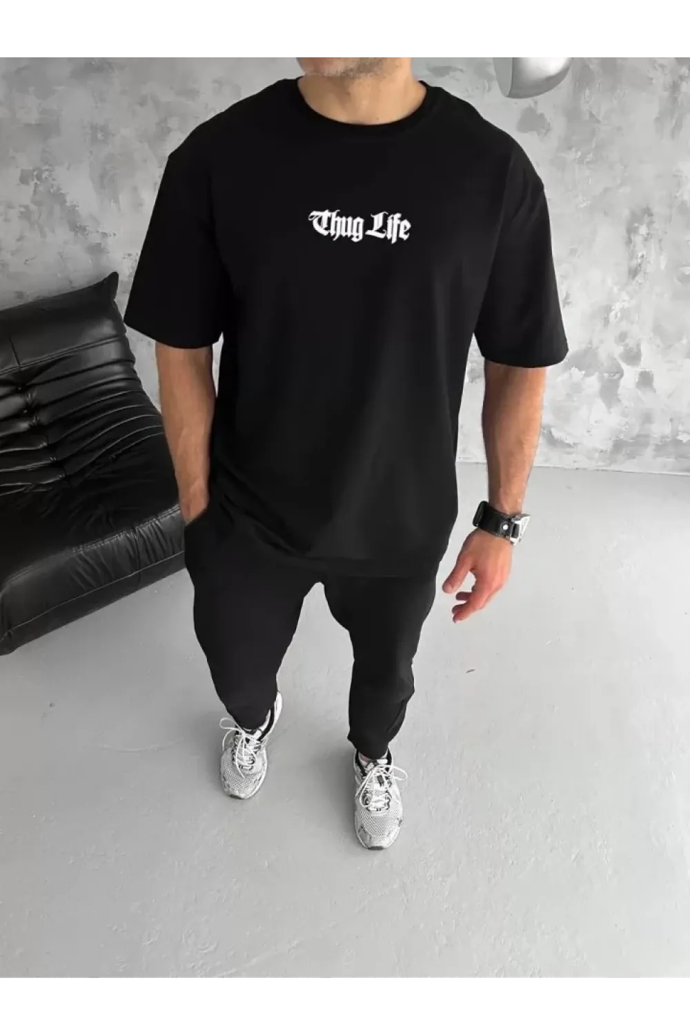 Unisex Bisiklet Yaka Baskılı Oversize T-Shirt - Siyah