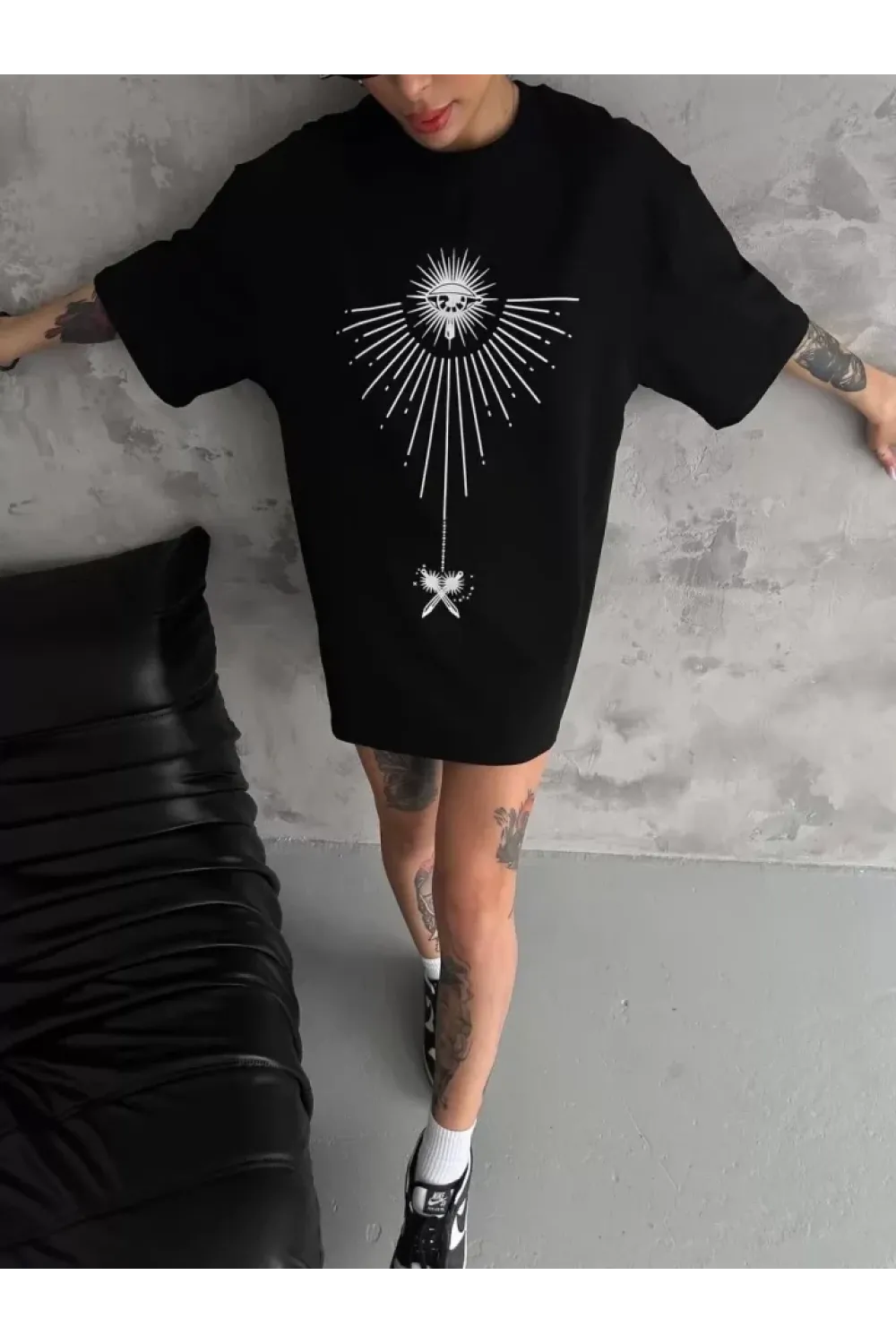 Unisex Bisiklet Yaka Baskılı Oversize T-Shirt - Siyah