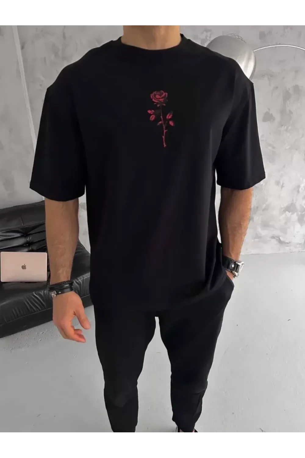 Unisex Bisiklet Yaka Baskılı Oversize T-Shirt - Siyah