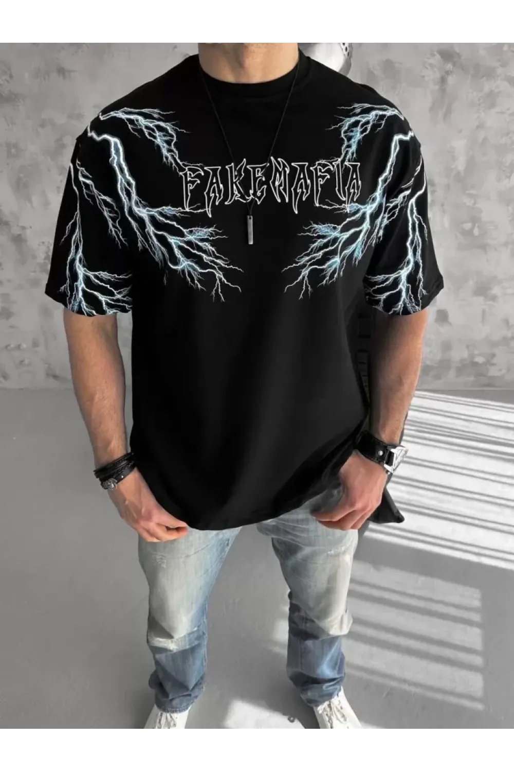 Unisex Bisiklet Yaka Baskılı Oversize T-Shirt - Siyah