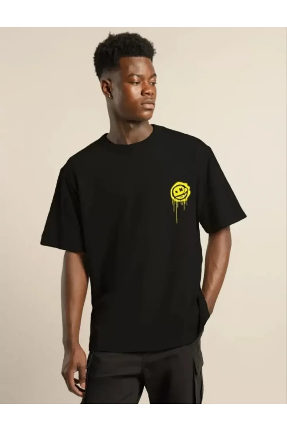 Unisex Bisiklet Yaka Baskılı Oversize T-Shirt - Siyah