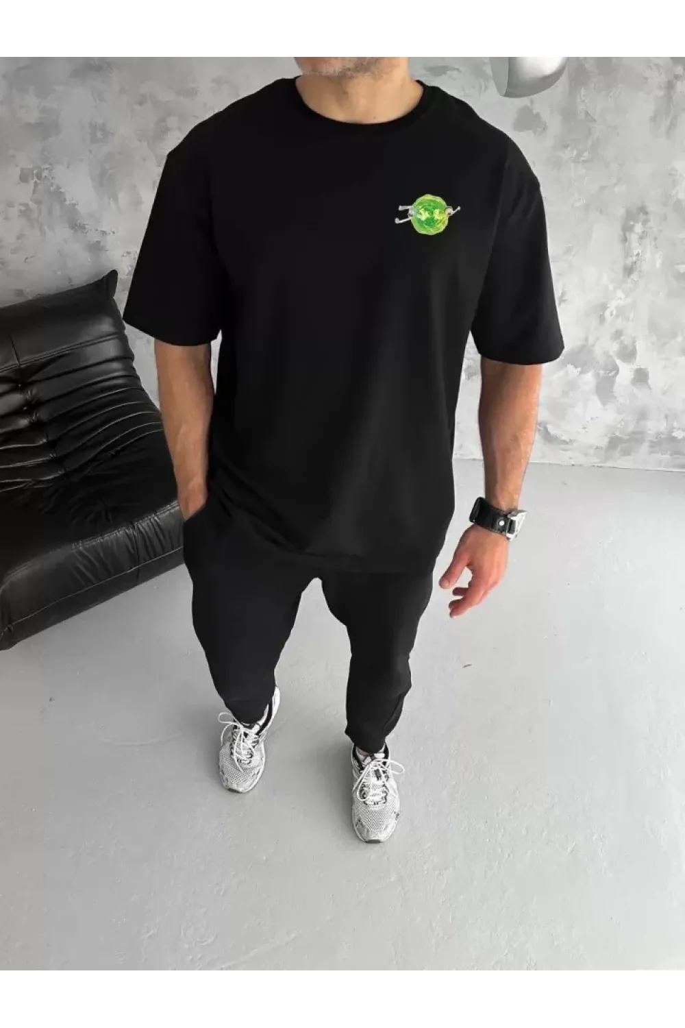 Unisex Bisiklet Yaka Baskılı Oversize T-Shirt - Siyah