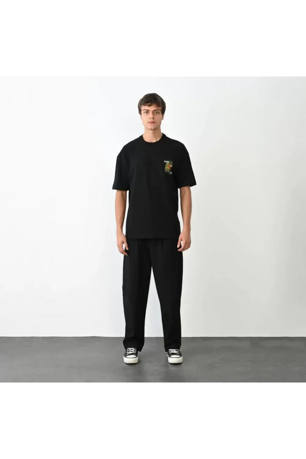 Unisex Bisiklet Yaka Baskılı Oversize T-Shirt - Siyah