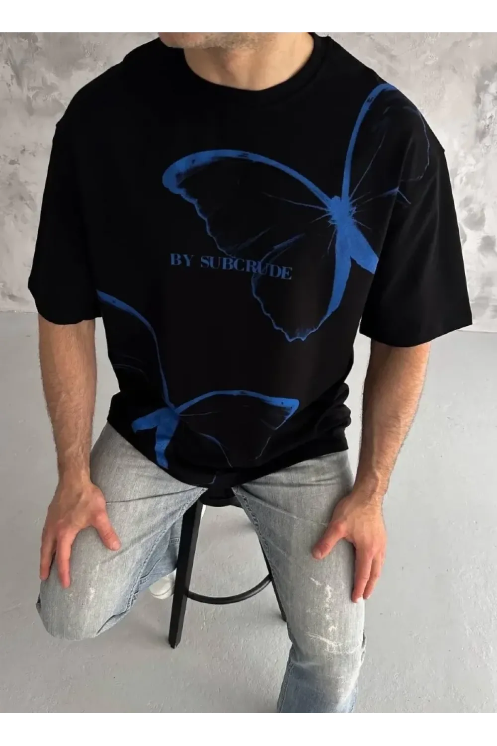 Unisex Bisiklet Yaka Baskılı Oversize T-Shirt - Siyah