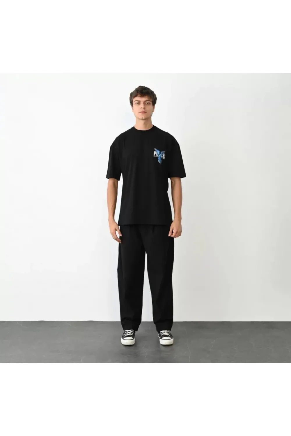 Unisex Bisiklet Yaka Baskılı Oversize T-Shirt - Siyah