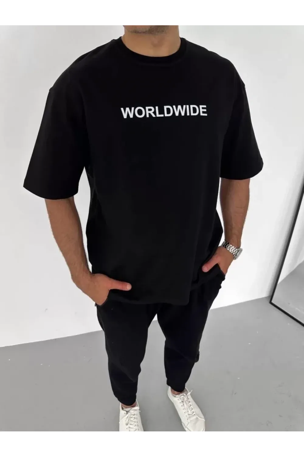 Unisex Bisiklet Yaka Baskılı Oversize T-Shirt - Siyah