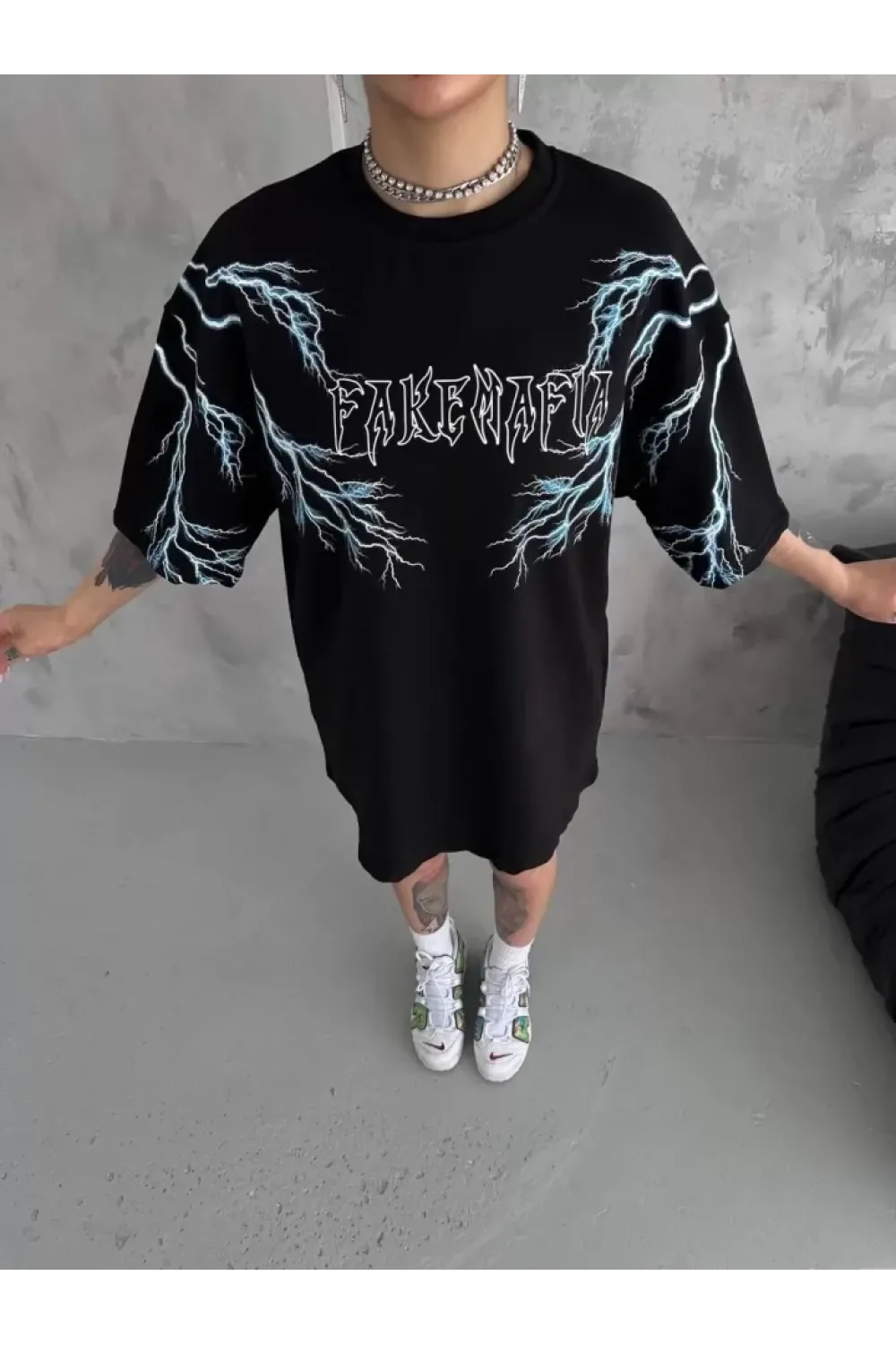Unisex Bisiklet Yaka Baskılı Oversize T-Shirt - Siyah