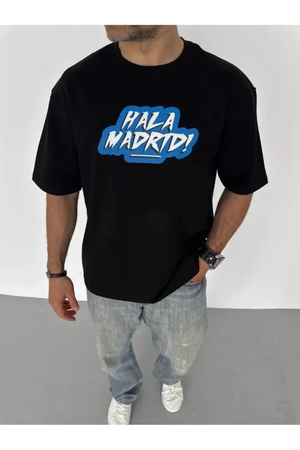 Unisex Bisiklet Yaka Baskılı Oversize T-Shirt - Siyah