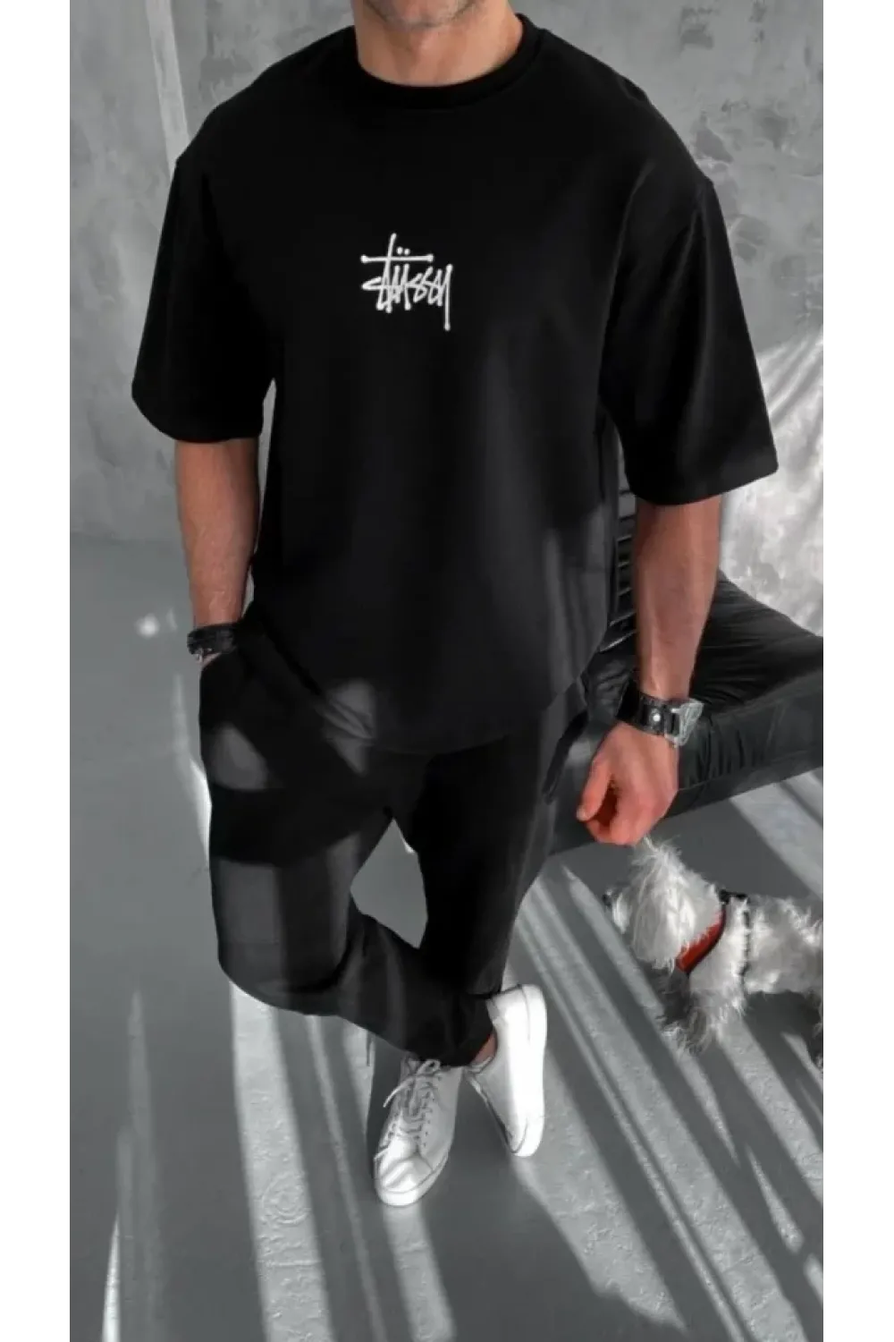 Unisex Bisiklet Yaka Baskılı Oversize T-Shirt - Siyah