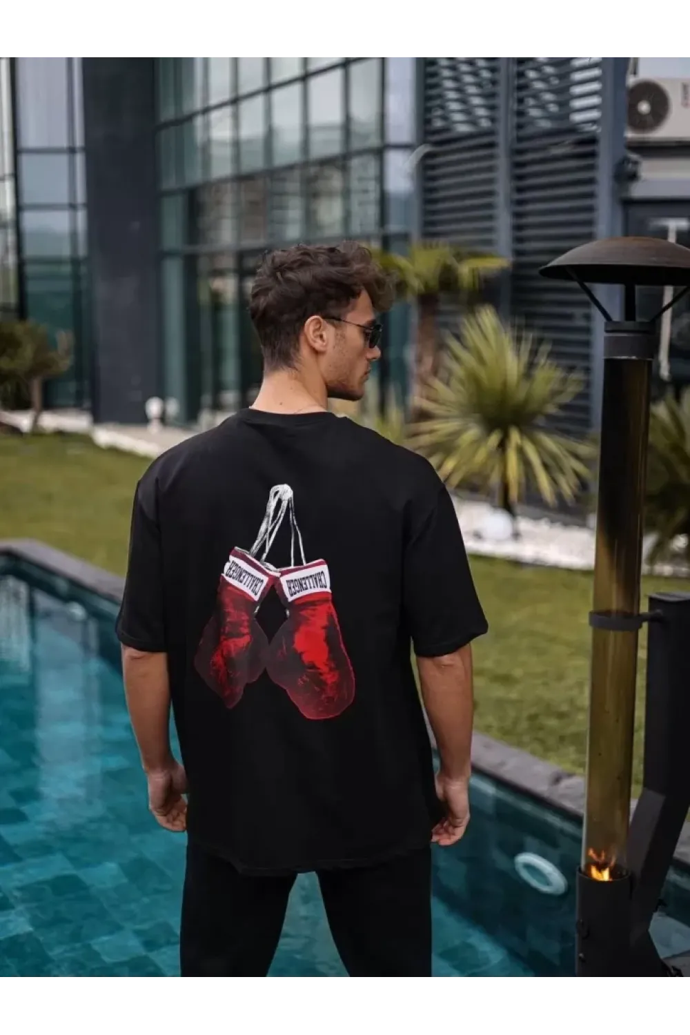 Unisex Bisiklet Yaka Baskılı Oversize T-Shirt - Siyah