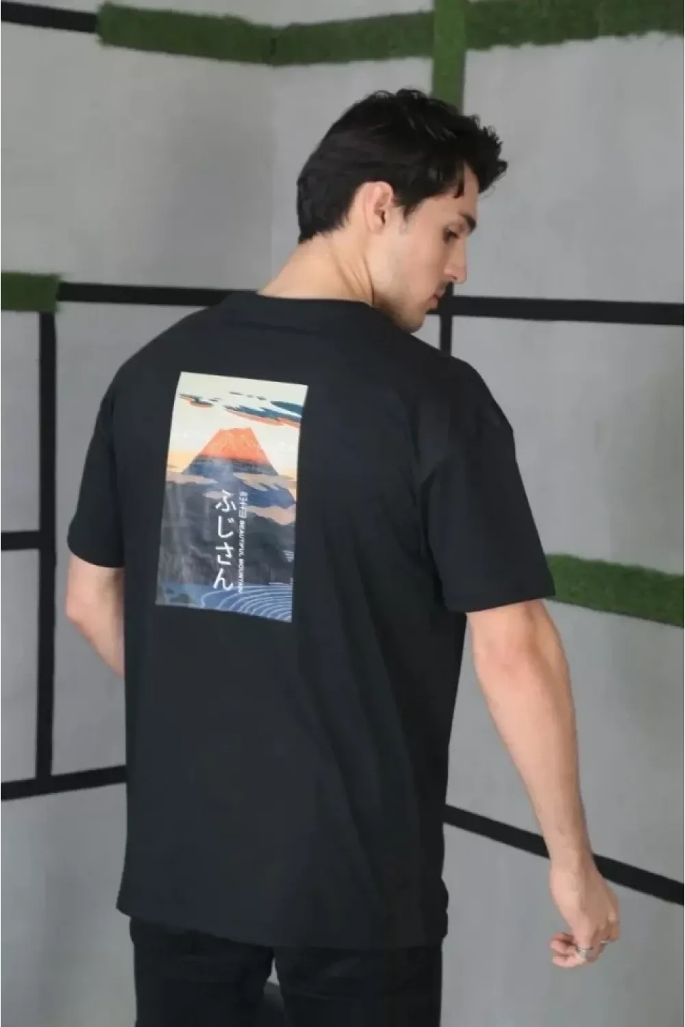 Unisex Bisiklet Yaka Baskılı Oversize T-Shirt - Siyah