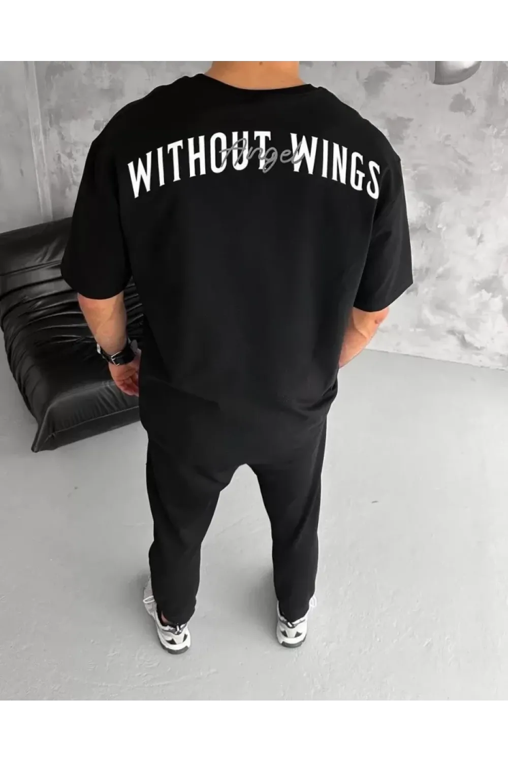 Unisex Bisiklet Yaka Baskılı Oversize T-Shirt - Siyah