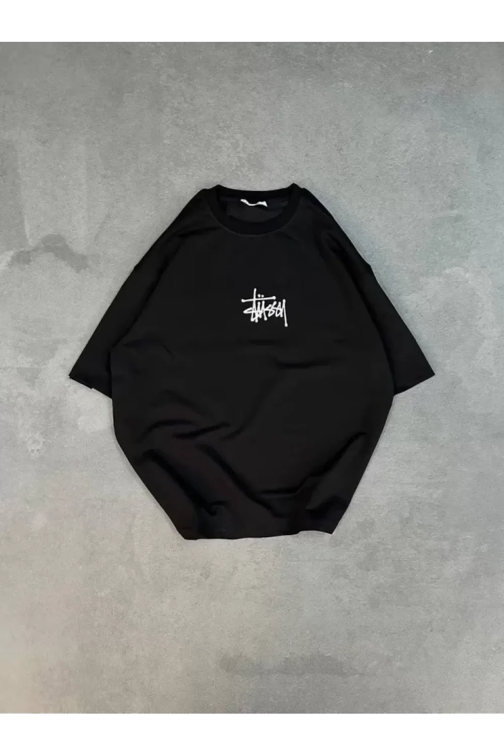 Unisex Bisiklet Yaka Baskılı Oversize T-Shirt - Siyah