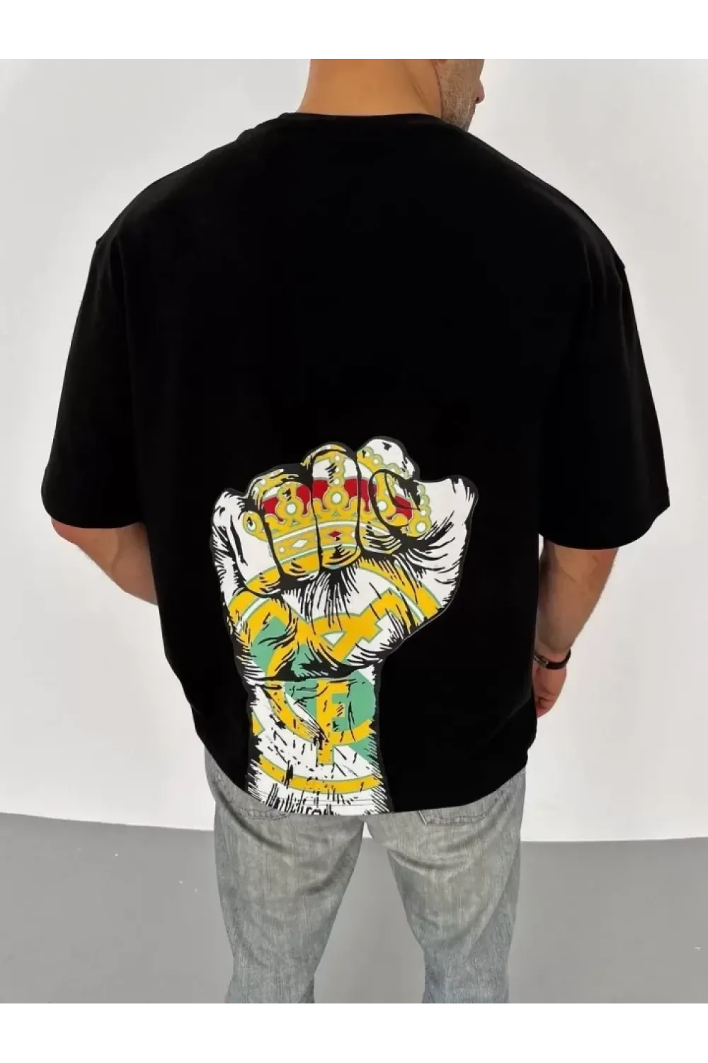 Unisex Bisiklet Yaka Baskılı Oversize T-Shirt - Siyah