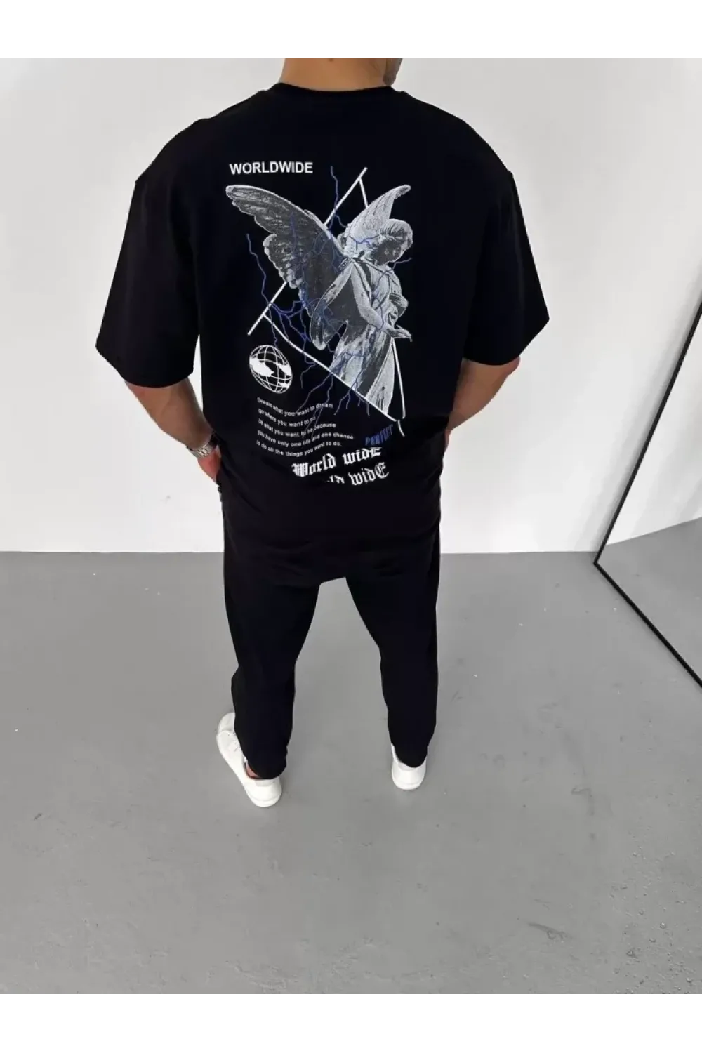 Unisex Bisiklet Yaka Baskılı Oversize T-Shirt - Siyah