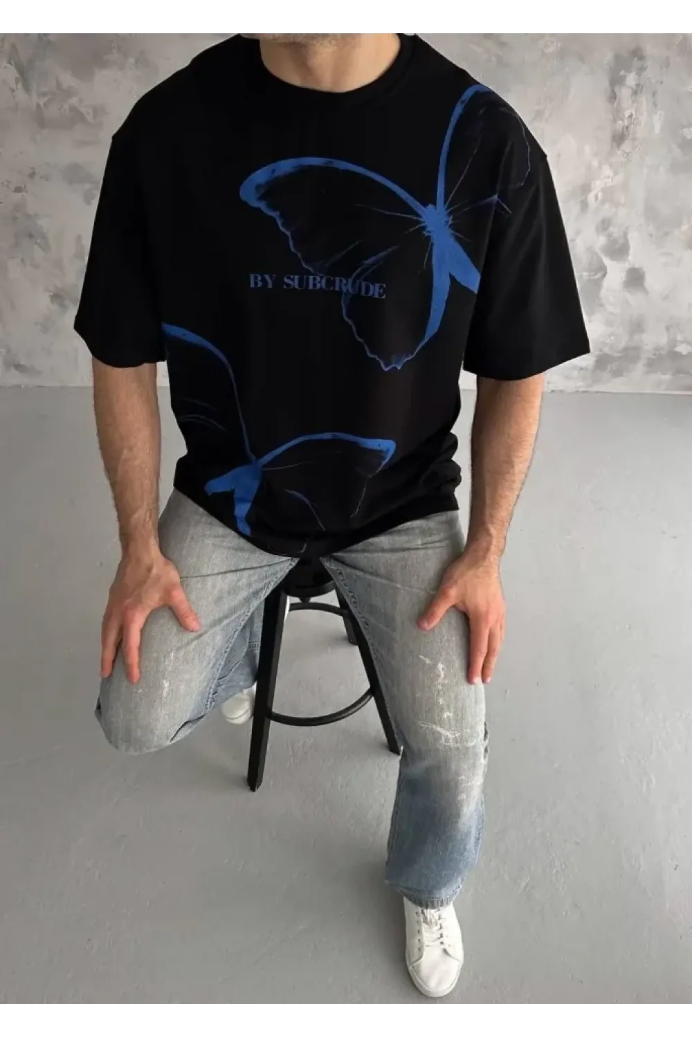Unisex Bisiklet Yaka Baskılı Oversize T-Shirt - Siyah
