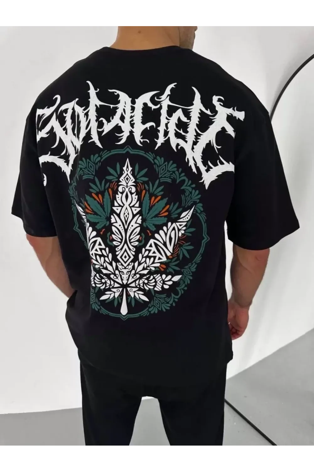 Unisex Bisiklet Yaka Baskılı Oversize T-Shirt - Siyah